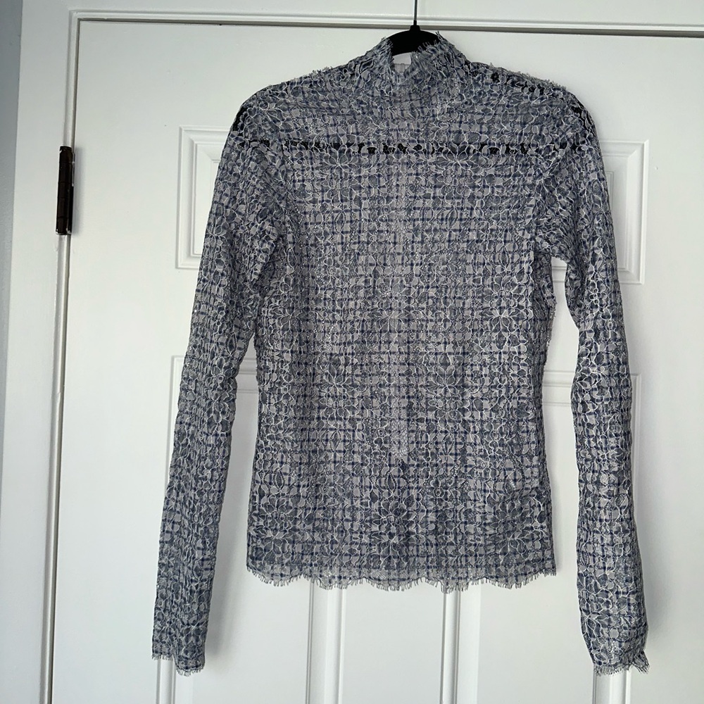 ROSIE ASSOULIN size 4 white blue mock neck top‎ blouse lace floral long sleeve